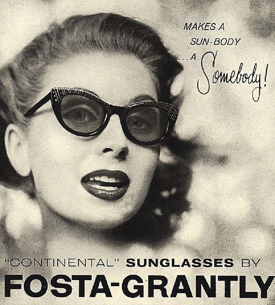 Alte Werbung für Foster Grant Sonnenbrillen